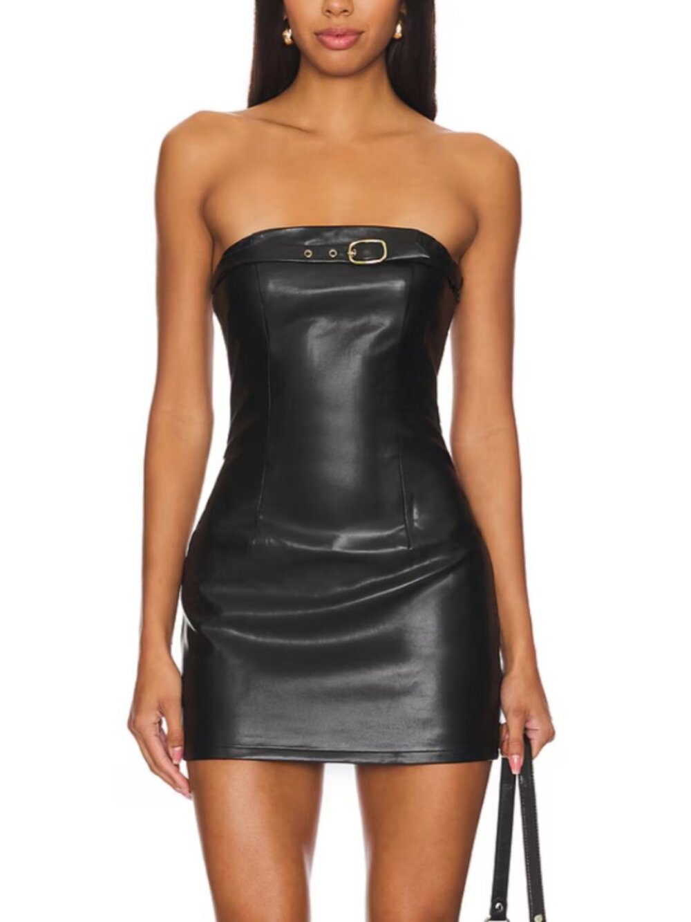 superdown Mckay Mini Dress in Black Faux Leather Vegan Strapless Biker Moto Tube